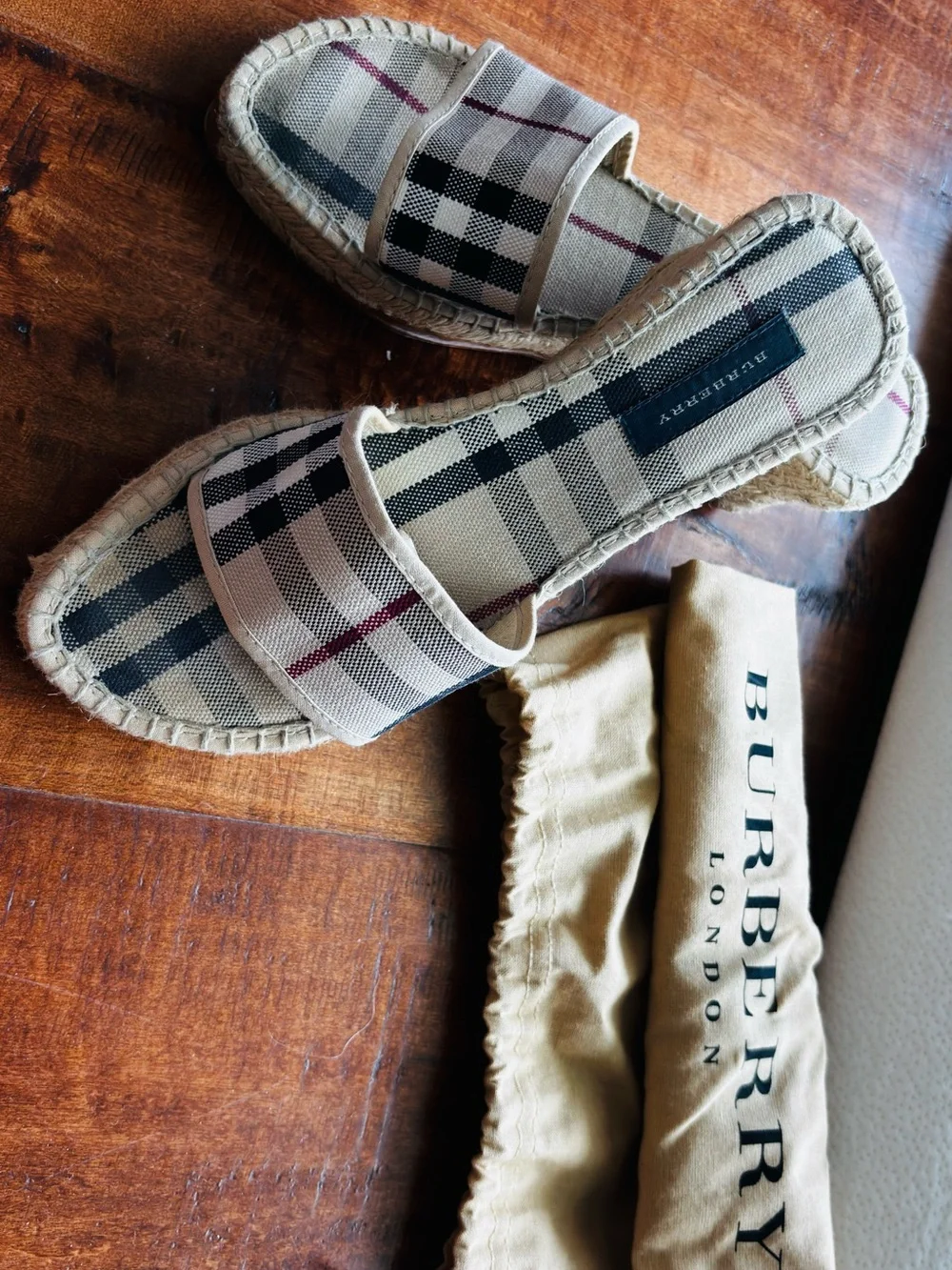 Burberry Beige Nova Check Espadrille Slide with Black/Red Accents with Dust Bag